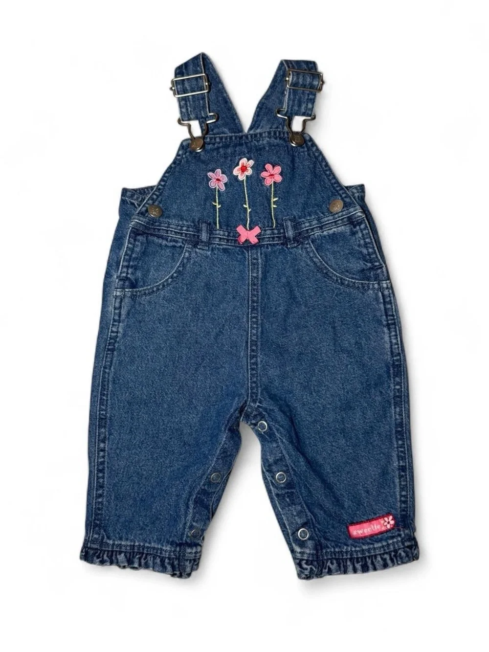 Vintage Y2K girly cotton denim overalls with pink embroidered flowers 6 months🔹